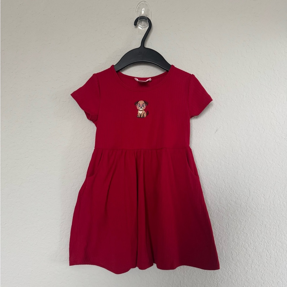 Girls Short Sleeve Red Knit Dress with Puppy Patch